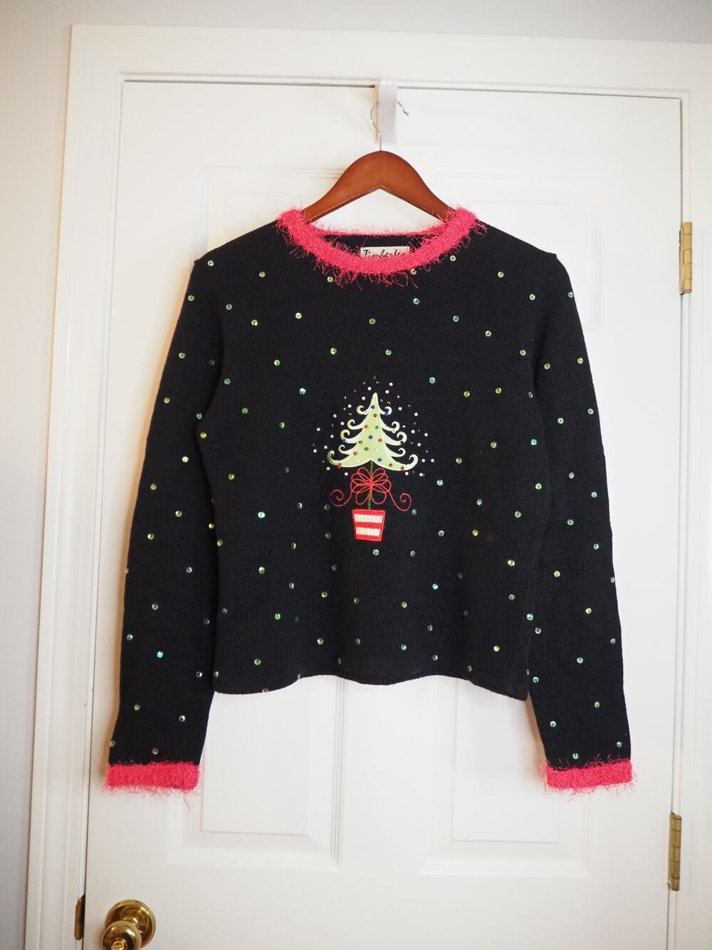Vintage Timberlea Womens M Black Christmas Tree Sequin Ugly Sweater Pink